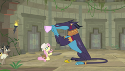 Size: 1920x1080 | Tagged: safe, screencap, ahuizotl, daring do, doctor caballeron, fluttershy, pegasus, pony, daring doubt, leak, nose blowing