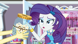 Size: 1914x1080 | Tagged: safe, screencap, fluttershy, rarity, better together, choose your own ending, costume conundrum, costume conundrum: rarity, equestria girls, bed, bracelet, clothes rack, darling jar, eyeshadow, female, geode of shielding, jewelry, magical geodes, makeup, offscreen character, rarity's bedroom, swear jar