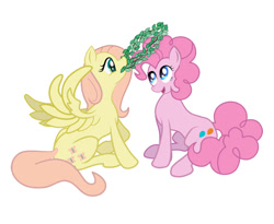 Size: 609x500 | Tagged: safe, artist:ultraspacemobile, fluttershy, pinkie pie, pegasus, pony, crown, cute, jewelry, laurel, mouth hold, regalia, simple background, white background