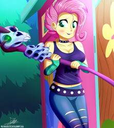 Size: 1420x1600 | Tagged: safe, artist:the-butch-x, fluttershy, better together, choose your own ending, equestria girls, the road less scheduled, the road less scheduled: fluttershy, alternate hairstyle, belly button, blushing, breasts, cleavage, clothes, crystal skull staff, cute, ear piercing, earring, female, flutterpunk, hootershy, jewelry, lipstick, metalshy, midriff, pants, piercing, purple lipstick, shyabetes, signature, skull, solo, staff, tanktop