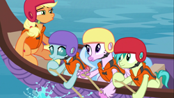 Size: 1366x768 | Tagged: safe, screencap, applejack, ocellus, sandbar, silverstream, changedling, changeling, classical hippogriff, earth pony, hippogriff, pony, non-compete clause, canoe, female, helmet, lifejacket, male, mare, oar, quartet, rowing, teenager, water