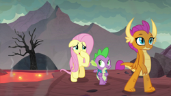 Size: 1280x720 | Tagged: safe, screencap, fluttershy, smolder, spike, dragon, pegasus, pony, sweet and smoky, dead tree, dragon lands, dragoness, female, lava, male, mare, plugged nose, smelly, sulfur, tree, trio, winged spike