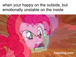 Size: 1280x964 | Tagged: safe, edit, edited screencap, screencap, pinkie pie, earth pony, pony, the last roundup, dead inside, female, funny, grammar error, kapwing, mare, meme, motion lines, screaming, solo, when x and y