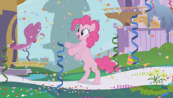 Size: 1280x720 | Tagged: safe, screencap, pinkie pie, earth pony, pony, the ticket master, bipedal, confetti, excited, female, imagine spot, mare, rearing, streamers