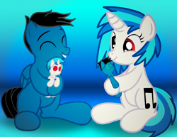 Size: 8544x6600 | Tagged: safe, artist:agkandphotomaker2000, dj pon-3, vinyl scratch, oc, oc:pony video maker, pegasus, pony, unicorn, canon x oc, female, holding a plushie, hug, hugging a plushie, male, plushie, shipping, show accurate, simple background, smiling, straight, videoscratch