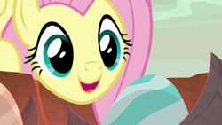 Size: 1280x720 | Tagged: safe, screencap, fluttershy, pegasus, pony, sweet and smoky, cute, dragon egg, dragon lands, egg, excited, female, mare, open mouth, smiling, solo, talking to objects