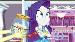 Size: 2048x1152 | Tagged: safe, screencap, fluttershy, rarity, better together, choose your own ending, costume conundrum, costume conundrum: rarity, equestria girls, bedroom, bracelet, clothes, clothes rack, darling jar, geode of shielding, glasses, jar, jewelry, magical geodes, rarity's bedroom, rarity's glasses, swear jar