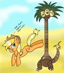 Size: 2300x2600 | Tagged: safe, artist:rainbowtashie, applejack, earth pony, pony, alolan exeggutor, bucking, crossover, exeggutor, pokémon, silly, silly pony, this will end in pain, who's a silly pony