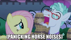 Size: 800x447 | Tagged: safe, edit, edited screencap, screencap, feather flatterfly, fluttershy, pegasus, pony, the summer sun setback, caption, descriptive noise, glasses, horse noises, image macro, meme, panicking, text