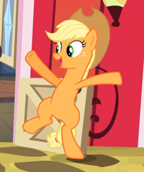 Size: 751x895 | Tagged: safe, screencap, applejack, earth pony, pony, pinkie apple pie, bipedal, cropped, cute, female, happy, hooves in air, jackabetes, mare, smiling, sweet apple acres