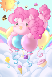 Size: 2708x4000 | Tagged: safe, artist:darkmagician1212, artist:iliekbuttz, pinkie pie, earth pony, pony, :p, balloon, blush sticker, blushing, candy, chibi, cute, diapinkes, donut, floating, food, ice cream, lollipop, solo, sun, then watch her balloons lift her up to the sky, tongue out