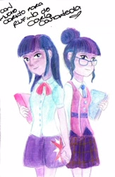 Size: 1700x2600 | Tagged: safe, artist:rufina-tomoyo, sci-twi, twilight sparkle, equestria girls, friendship games, autograph, book, carla castañeda, clothes, crystal prep academy uniform, holding hands, school uniform, simple background, traditional art, twolight, watercolor painting, white background