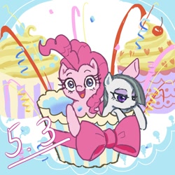 Size: 900x900 | Tagged: safe, artist:puri__kyua, marble pie, pinkie pie, earth pony, pony, bow, cupcake, female, food, mare, sisters