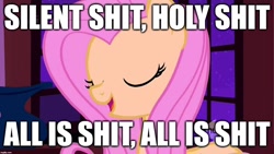 Size: 1280x720 | Tagged: safe, edit, edited screencap, screencap, fluttershy, pegasus, pony, stare master, caption, christmas, holiday, image macro, parody, silent night, singing, solo, song reference, text, vulgar