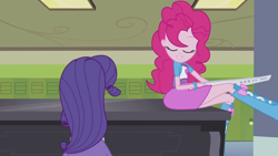 Size: 1280x720 | Tagged: safe, screencap, pinkie pie, rarity, equestria girls, player piano, boots, clothes, eyes closed, keytar, legs, musical instrument, piano, pinkie being pinkie, pinkie on a piano, shoes, skirt