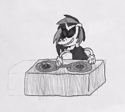 Size: 640x570 | Tagged: safe, artist:whistle blossom, dj pon-3, vinyl scratch, anthro, plantigrade anthro, unicorn, black and white, clothes, cuphead, female, gloves, grayscale, grin, mare, monochrome, old timey, record player, simple background, smiling, solo, style emulation, traditional art, white background