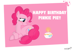 Size: 800x555 | Tagged: safe, artist:crackernut, pinkie pie, earth pony, pony, birthday, blushing, candle, cupcake, cute, diapinkes, food, happy birthday, pinkie pie's birthday, profile, prone, signature, solo