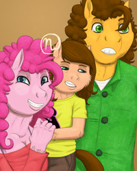 Size: 800x1000 | Tagged: safe, artist:azurllinate, cheese sandwich, pinkie pie, oc, oc:chocolate swirl, anthro, earth pony, anthro oc, blue eyes, button shirt, cheesepie, clothes, curly mane, cyan eyes, ear fluff, earth pony only, family photo, female, futurehooves, green eyes, gritted teeth, holding a pony, holding hands, looking at you, making faces, male, next gen:futurehooves, offspring, parent:cheese sandwich, parent:pinkie pie, parents:cheesepie, shipping, smiling, squint, straight, wavy mane, yellow shirt