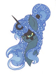 Size: 1275x1750 | Tagged: safe, artist:ocean-drop, oc, oc only, oc:constellation, hybrid, augmented horn, bust, interspecies offspring, male, offspring, parent:discord, parent:princess luna, parents:lunacord, portrait, simple background, solo, white background