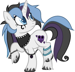 Size: 796x766 | Tagged: safe, artist:angelofthewisp, oc, oc only, oc:sugar skull (angelofthewisp), pony, unicorn, choker, female, goth, mare, one hoof raised, raised hoof, simple background, solo, unshorn fetlocks, white background