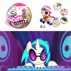 Size: 1600x1600 | Tagged: safe, edit, edited screencap, screencap, dj pon-3, vinyl scratch, pony, unicorn, fake it 'til you make it, female, frown, mare, photo, speakers, sunglasses, toy, turntable, unamused, vinyl scratch is not amused, zuru 5 surprise