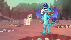 Size: 1920x1080 | Tagged: safe, screencap, fluttershy, princess ember, dragon, pegasus, pony, sweet and smoky, dragon egg, dragon lands, dragoness, duo, egg, female, mare