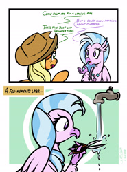 Size: 4000x5401 | Tagged: safe, artist:poecillia-gracilis19, applejack, silverstream, classical hippogriff, earth pony, hippogriff, pony, comic, confused, cute, dialogue, diastreamies, duo, female, frown, hat, literal, literal minded, mare, open mouth, plumbing, ponified meme, raised hoof, scissors, simple background, smiling, tap, text, water