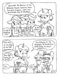 Size: 849x1100 | Tagged: safe, artist:circe, applejack, rainbow dash, oc, oc:eaststern, anthro, unguligrade anthro, comic:soreloser, black and white, blushing, chico marx, grayscale, groucho marx, inspector jacques clouseau, marx brothers, monochrome, traditional art