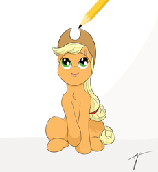 Size: 1726x1878 | Tagged: safe, artist:taxar, part of a set, applejack, earth pony, pony, chest fluff, drawn into existence, ear fluff, pencil, sitting, smiling, solo