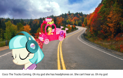 Size: 852x537 | Tagged: safe, applejack, coco pommel, earth pony, pony, applejack truck, headphones, meme, squidward the truck's coming, text, toy, truck