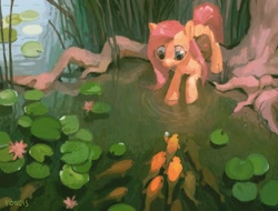 Size: 2048x1556 | Tagged: safe, artist:kaermter, fluttershy, fish, pegasus, pony, bag, dolbolen challenge, female, folded wings, goldfish, looking at something, mare, outdoors, pearl, pond, reed, reflection, roots, saddle bag, school of fish, solo, tree, water, water lily, water rings, wings