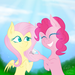 Size: 1100x1100 | Tagged: safe, artist:goddess-lidark, fluttershy, pinkie pie, butterfly, earth pony, pegasus, pony, bust, crepuscular rays, duo, eyes closed, female, hoof hold, mare, outdoors, smiling, wings