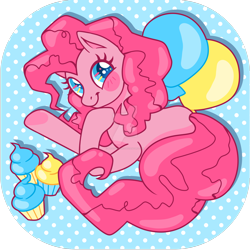 Size: 1600x1600 | Tagged: safe, artist:magicdarkart, pinkie pie, earth pony, pony, balloon, blushing, cupcake, cute, deviantart watermark, diapinkes, eye sparkles, food, heart, heart hoof, obtrusive watermark, polka dots, prone, solo, underhoof, watermark, wingding eyes