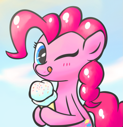 Size: 713x741 | Tagged: safe, artist:metax-z, pinkie pie, earth pony, pony, blushing, cute, diapinkes, food, hoof hold, ice cream, one eye closed, solo, tongue out