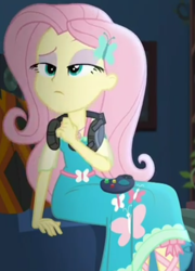 Size: 687x955 | Tagged: safe, screencap, fluttershy, better together, choose your own ending, costume conundrum, equestria girls, controller, cropped, cute, female, gaming headset, geode of fauna, headset mic, looking up, magical geodes, raised eyebrow, sitting, sofa, solo, sunset's apartment, thinking