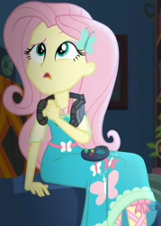 Size: 686x958 | Tagged: safe, screencap, fluttershy, better together, choose your own ending, costume conundrum, equestria girls, controller, cropped, cute, female, geode of fauna, headset, headset mic, looking up, magical geodes, sitting, sofa, solo, sunset's apartment, thinking