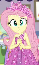 Size: 579x944 | Tagged: safe, screencap, fluttershy, better together, choose your own ending, costume conundrum, costume conundrum: rarity, equestria girls, bare shoulders, clothes, confluttershy, confused, cropped, cute, dress, jewelry, looking at you, princess dress, princess fluttershy, raised eyebrow, rarity's bedroom, seriously, shyabetes, sleeveless, tiara