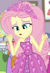 Size: 616x896 | Tagged: safe, screencap, fluttershy, better together, choose your own ending, costume conundrum, costume conundrum: rarity, equestria girls, bare shoulders, clothes, cropped, cute, dress, jewelry, looking down, princess dress, princess fluttershy, rarity's bedroom, seriously, sleeveless, solo, tiara