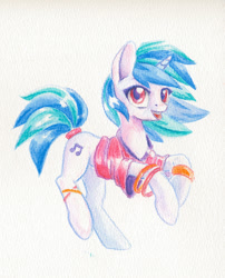 Size: 792x978 | Tagged: safe, artist:maytee, dj pon-3, vinyl scratch, pony, unicorn, bracelet, clothes, colored pencil drawing, cute, female, jewelry, mare, shirt, simple background, smiling, solo, traditional art, vinylbetes, white background