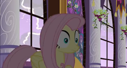 Size: 1366x738 | Tagged: safe, screencap, fluttershy, pegasus, pony, the summer sun setback, flower, lightning, solo, storm, window