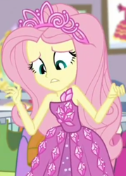 Size: 646x904 | Tagged: safe, screencap, fluttershy, better together, choose your own ending, costume conundrum, costume conundrum: rarity, equestria girls, bare shoulders, clothes, cropped, cute, dress, jewelry, leaned forward, looking down, princess fluttershy, raised arms, rarity's bedroom, seriously, sleeveless, strapless, tiara