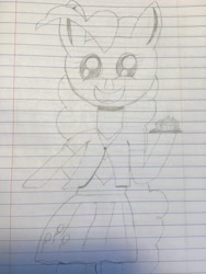 Size: 2448x3264 | Tagged: safe, artist:rainbow dash is best pony, pinkie pie, pony, clothes, cupcake, cute, food, hoof hold, lineart, lined paper, monochrome, open mouth, pencil drawing, pinkabetes, solo, traditional art