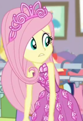 Size: 615x893 | Tagged: safe, screencap, fluttershy, better together, choose your own ending, costume conundrum, costume conundrum: rarity, equestria girls, bare shoulders, clothes, cropped, cute, dress, jewelry, leaned forward, princess fluttershy, rarity's bedroom, seriously, sleeveless, strapless, tiara