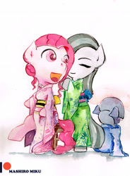 Size: 2280x3091 | Tagged: safe, artist:mashiromiku, limestone pie, marble pie, pinkie pie, pony, clothes, kimono (clothing), patreon, patreon logo, traditional art, watercolor painting