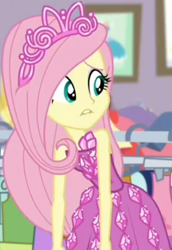 Size: 618x896 | Tagged: safe, screencap, fluttershy, better together, choose your own ending, costume conundrum, costume conundrum: rarity, equestria girls, bare shoulders, clothes, cropped, cute, jewelry, leaned forward, lip bite, princess fluttershy, rarity's bedroom, seriously, sleeveless, strapless, tiara