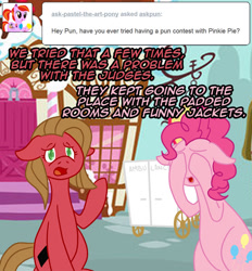 Size: 742x800 | Tagged: safe, artist:tumble-trotter, pinkie pie, oc, oc:pun, pony, ambulance, ask, ask pun