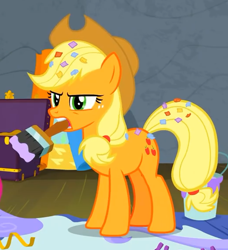 Size: 520x571 | Tagged: safe, screencap, applejack, earth pony, pony, horse play, annoyed, applejack's hat, cowboy hat, cropped, cutie mark, female, hat, mare, paintbrush, solo focus