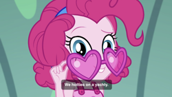 Size: 2208x1242 | Tagged: safe, screencap, pinkie pie, better together, equestria girls, i'm on a yacht, close-up, closed captioning, cute, diapinkes, heart shaped glasses, looking at you, smiling, solo, sunglasses