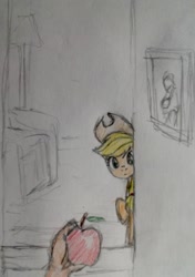 Size: 863x1229 | Tagged: safe, artist:kabayo, applejack, human, pony, apple, behaving like a dog, food, peeking, picture