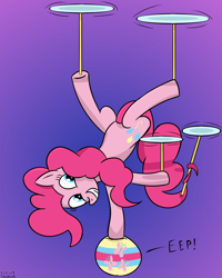 Size: 1000x1250 | Tagged: safe, artist:tazool, fluttershy, pinkie pie, earth pony, pegasus, pony, acrobatics, balancing, ball, cute, eep, female, flutterball, hoof stand, implied transformation, inanimate object, looking up, plate spinning, silly, simple background, spinning, standing, standing on one leg